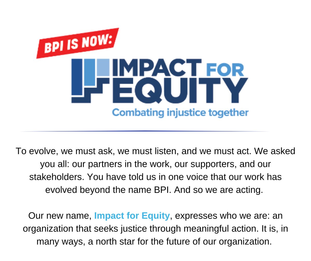 impactforequity's tweet image. @bpi_chicago has changed its name to @impactforequity!!!! Making an impact for equity is how we will achieve a Chicago and the state of Illinois in which every person has the right and opportunity to live their fullest life in a thriving community and free of systemic barriers