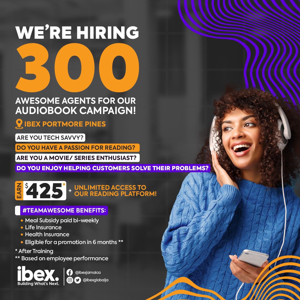IBEXGlobalJa's tweet photo. Do you have a passion for reading, watching movies/series &amp; enjoy helping customers solve their problems? We Want You! Earn J$425 p/hr base pay + Incentives &amp; benefits on our audiobook campaign at our Portmore Pines location. Click the link below to apply! https://t.co/5E20aHB0Ce https://t.co/aKcvGrPpYf