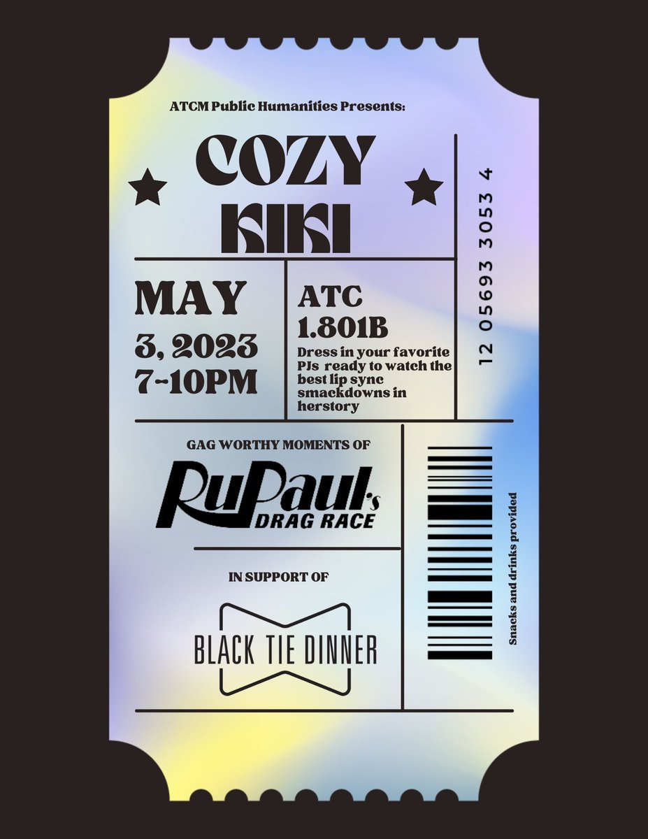 ATEC_CMS_Lab's tweet image. We've got the new date! Join ATCM 4332 Critical Media Studies Lab students for a Cozy Kiki on Wednesday, May 3! Dress in your favorite PJs, ready to watch the best lip sync smackdowns in herstory, in support of Black Tie Dinner. May 3, 7pm - 10pm ATC 1.801b