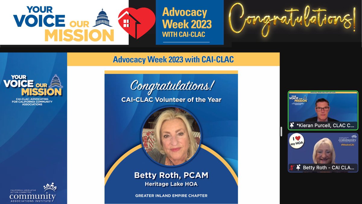 CAICLAC's tweet photo. Congratulations to Betty Roth, PCAM, CAI-CLAC Treasurer, our 2022 Volunteer of the Year Award recipient. 

Betty has served the @CAIGRIE LSC Committee for over 10 yrs and CAI-CLAC in many ways. 

We are honored to recognize her and grateful for her many contributions! #WeAreCAI https://t.co/7yr7MU7oc2