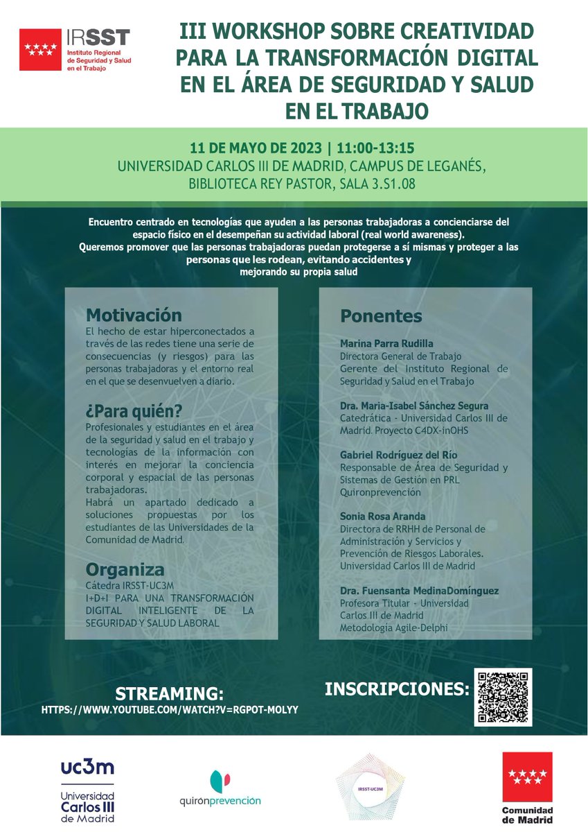"Seguridad activa de la kinesfera de las personas trabajadoras"
Contribución de Gabriel Rodríguez del Río (<a href="/quironPREV/">Quirónprevención</a>), en el "III Workshop sobre Creatividad para la transformación digital en el área de seguridad y salud en el trabajo"
Inscríbete ya!
catedrairsst.uc3m.es/2023-workshop-…