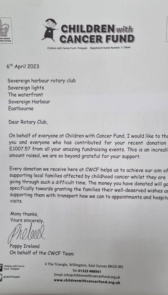 Many thanks to Children With Cancer Fund for this letter and certificate. This donation along with an equal sum for our RNLI was raised from our 2022 Santa Stroll