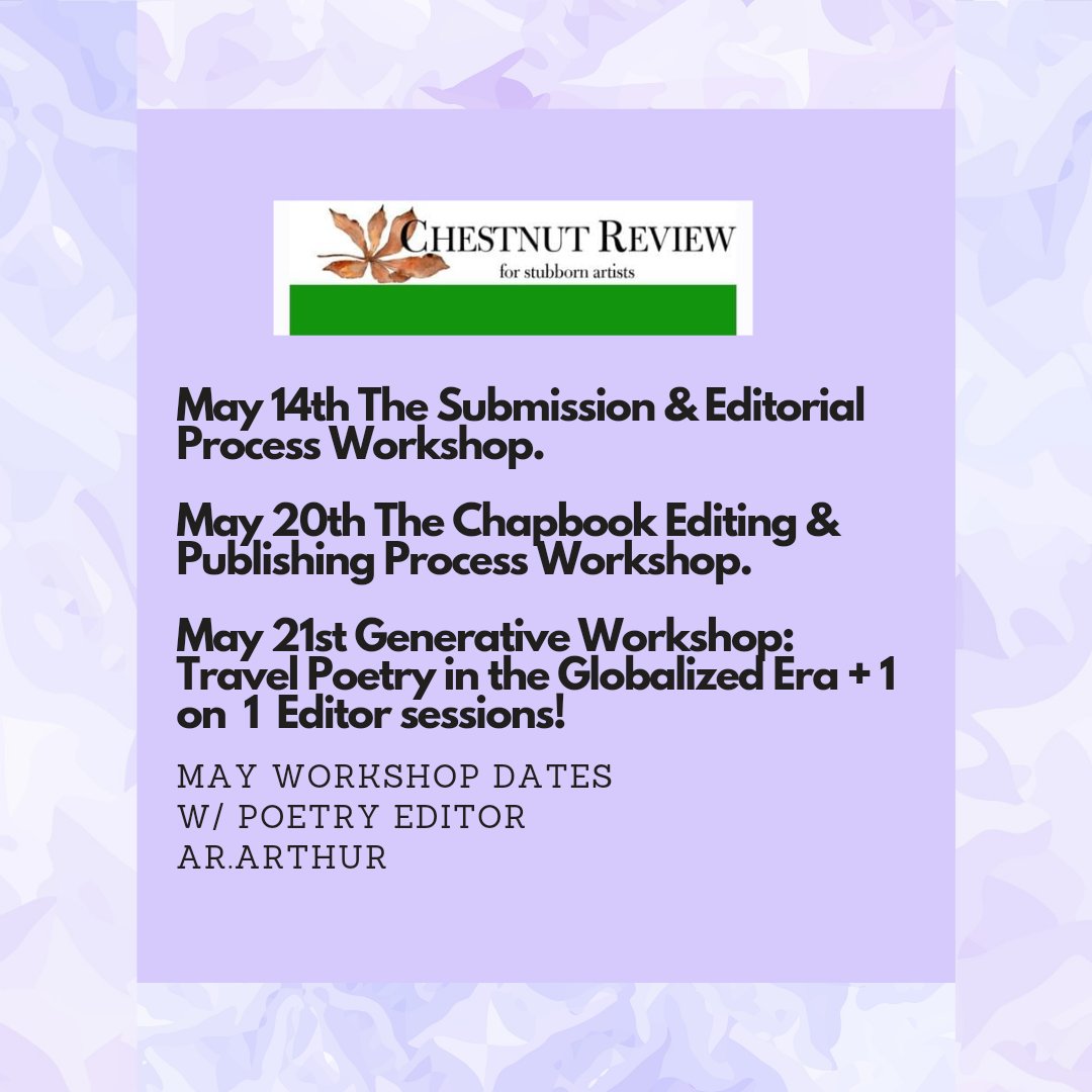 ChestnutReview's tweet image. It MAY be just over a few days away, but we don’t like keeping you waiting.

@ararthurwriter is back this May with a variety of exciting and inspiring workshops! 

Check out our website to secure your place. ⬇️🌰

chestnut-review.com