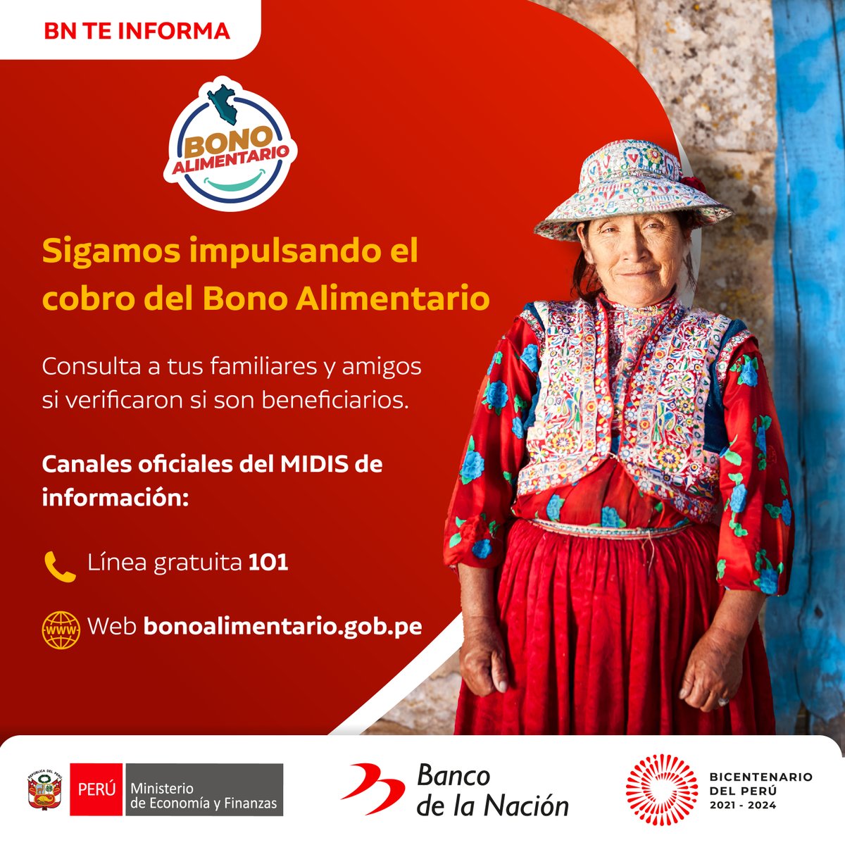 BancodelaNacion's tweet photo. Consulta a tus familiares y amigos si verificaron si son beneficiarios. Recuerda informarte solo a través de los canales oficiales: Línea gratuita 101 y la web bono alimentario https://t.co/P4adh6U2I7
Recuerda que los beneficiarios han sido asignados por el MIDIS. #ElBancoDeTodos https://t.co/1Hd7rzUZMG