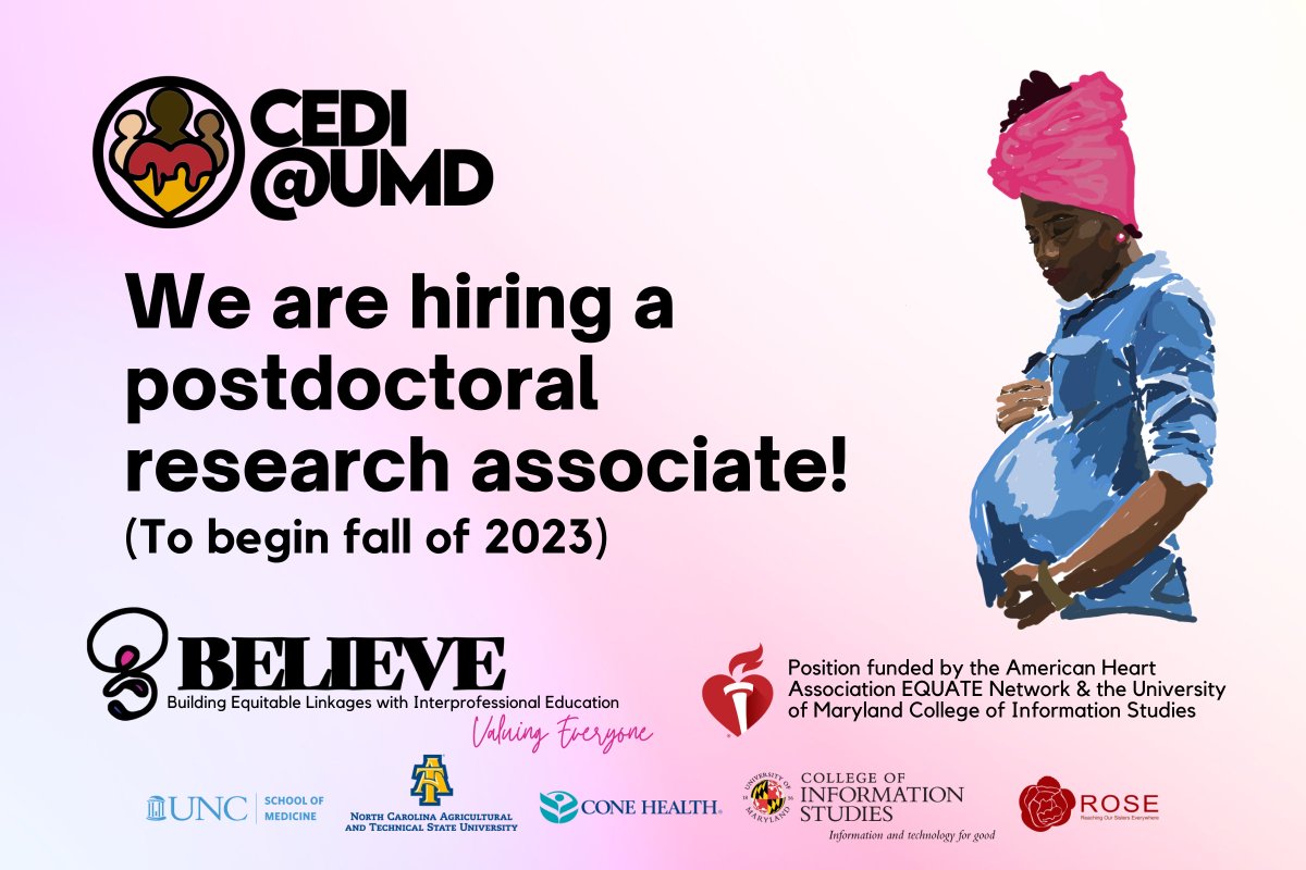 #BelieveBirth is hiring a postdoc to work in the area of health data/info at School UMD. Postdoc will work with the BELIEVE project, a 4-year American Heart Association-funded multi-institutional research collaboration on equity in obstetric care.
lnkd.in/eDGPcDaV