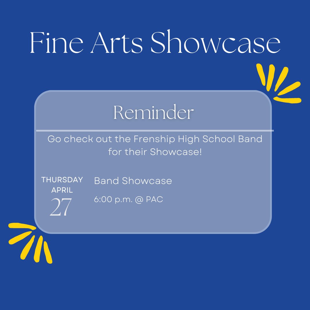 Tonight, for the Fine Arts Showcase Frenship High School Band is hosting a concert!🎼

The Showcase begins at 6:00 P.M. in the Preforming Arts Center.

Come support our High School Band students!