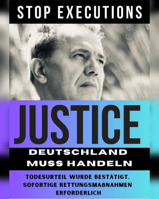 Über einem SW-Porträt von Jamshid Sharmahd:<br><br>Stop Executions<br><br>JUSTICE<br>Deutschland<br>muss handeln<br><br>Todesurteil wurde bestätigt<br>Sofortige Rettungsmaßnahmen<br>erforderlich