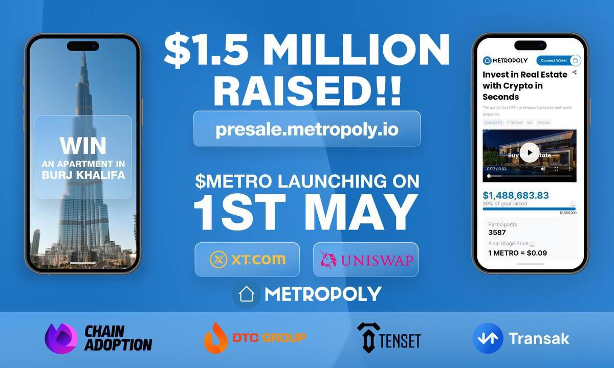 DaCryptoAgency's tweet photo. Here is an interesting project that came to my radar @metropoly_io which is making real estate investment possible for everyone.

They are already : 
⭐99% Already Sold Out
⭐1.5 Million USDT raised
⭐With strong 3500+ Investors
⭐Audited by Certik & SolidProof
⭐Backed by strong partners: Tenset , DTC Group, Transak, and Chainadoption

⭐Promoted in over 500+ Big Crypto Communities

📈$METRO is listing at https://t.co/UvdwzBYsuj and Uniswap on 1st May 2023

"Featured In https://t.co/LgnW8EY7yc, Coinspeaker, Yahoo Finance, Bloomberg, Cointelegraph, CoinMarketCap, Cyptonews and more!"

They have a Big 🎁$1,000,000 #GIVEAWAY CONTEST ongoing !!

🟠Win A Burj Khalifa apartment in Dubai worth $1,000,000
🟠Earn up to $100,000 per year from rent proceeds.

You know what ?

⚡️$METRO token can now also be used as payment for booking villas and hotels starting with THE CLYZ VILLA PHUKET 

ACT NOW BEFORE IT'S TOO LATE...
➡️  https://t.co/9AxL6Nuv0M

🏘️Linktree   https://t.co/LIZfqsSdhR

#100xgem