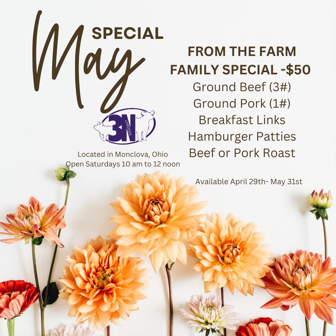 angbarney's tweet photo. May is almost here!  3NLivestock Farm to Freezer is staring our May specials early!  Get your Family Special for $50 starting April 29th!  #Monclova #localbusiness #fromthefarm https://t.co/OaDqUHipWl