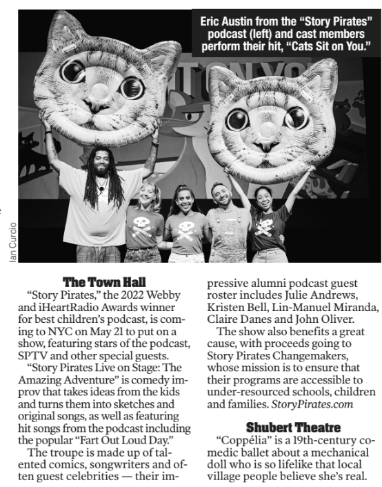 Story Pirates (@storypirates) on Twitter photo Thanks to the <a href="/nypost/">New York Post</a> for including Story Pirates Live in their Family Fun Guide! bit.ly/SPNYC2023
Join us at @TownHallNYC on May 21st for performances of fan-favorite songs including "The Dancing Cupcake" and "Fart Out Loud Day" and improv comedy based on kids' ideas! Thanks to the <a href="/nypost/">New York Post</a> for including Story Pirates Live in their Family Fun Guide! bit.ly/SPNYC2023
Join us at @TownHallNYC on May 21st for performances of fan-favorite songs including "The Dancing Cupcake" and "Fart Out Loud Day" and improv comedy based on kids' ideas!