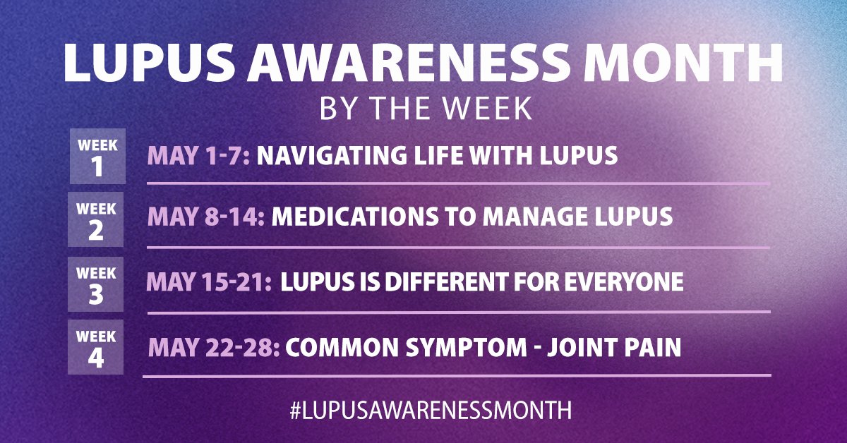 LupusOrg's tweet image. During #LupusAwarenessMonth, we will be highlighting different topics of the often invisible aspects of living with #lupus.

Check out the schedule below and let us know in the comments which topic you're most looking forward to this May!