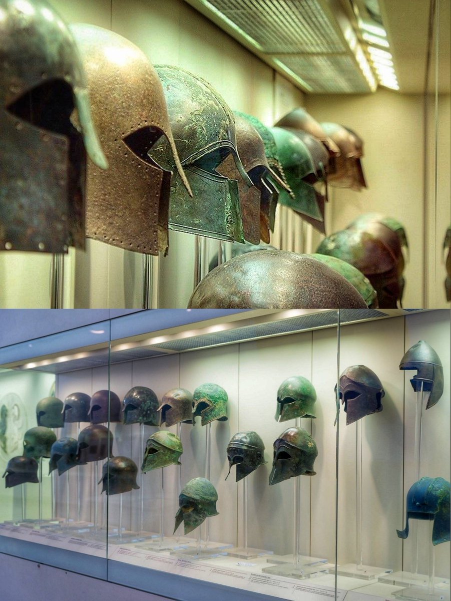 Collection of Ancient Greek helmets at the Archaeological Museum of Olympia