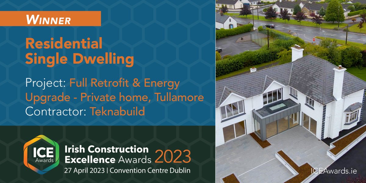 theICEAwards's tweet photo. Congratulations to the ICE Awards 2023 Winner
Category: Residential: Single Dwelling
Project: Full Retrofit and Energy Upgrade to Private Home
Contractor: Teknabuild
Visit https://t.co/Iep9Vzhhy1 | Follow #ICEAwards https://t.co/aKr8bD8Wn4