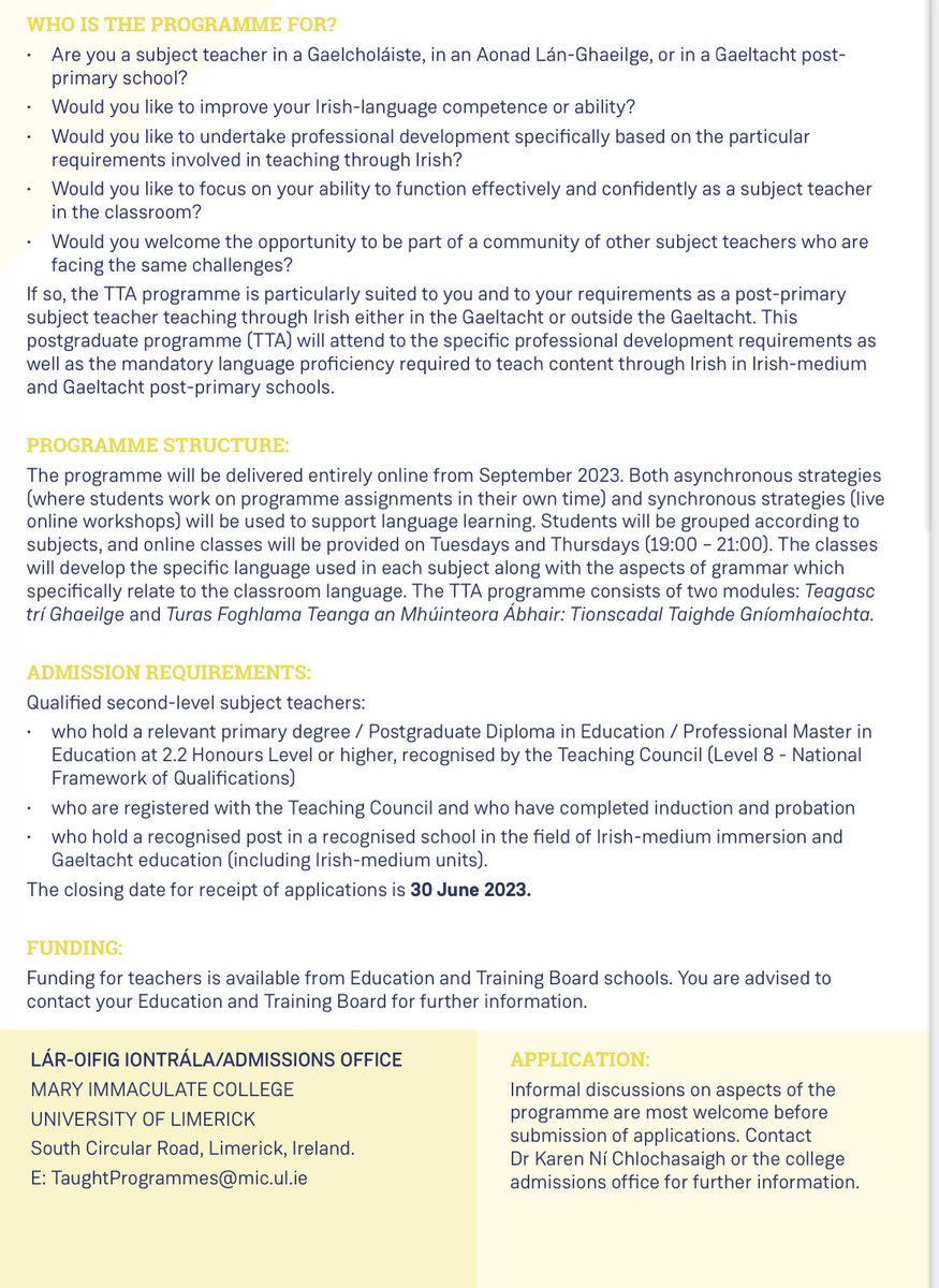 An múinteoir ábhair tú i nGaelcholáiste, in Aonad Lán-Ghaeilge nó in iarbhunscoil Ghaeltachta? Apply now for An Teastas iarchéime i dTeagasc Ábharbhunaithe san Iarbhunscolaíocht Lán-Ghaeilge agus Ghaeltachta! Spriocdháta d'iarratais: 30 Meitheamh