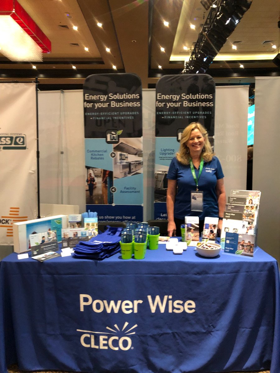 ClecoPower's tweet photo. Cleco Power Wise™ team member, Marianne, spent the day at the #LSFMA Spring Conference in Lake Charles recommending incentives and programs to facility managers from schools across Cleco's 24-parish service area. https://t.co/NC6NucIGB2