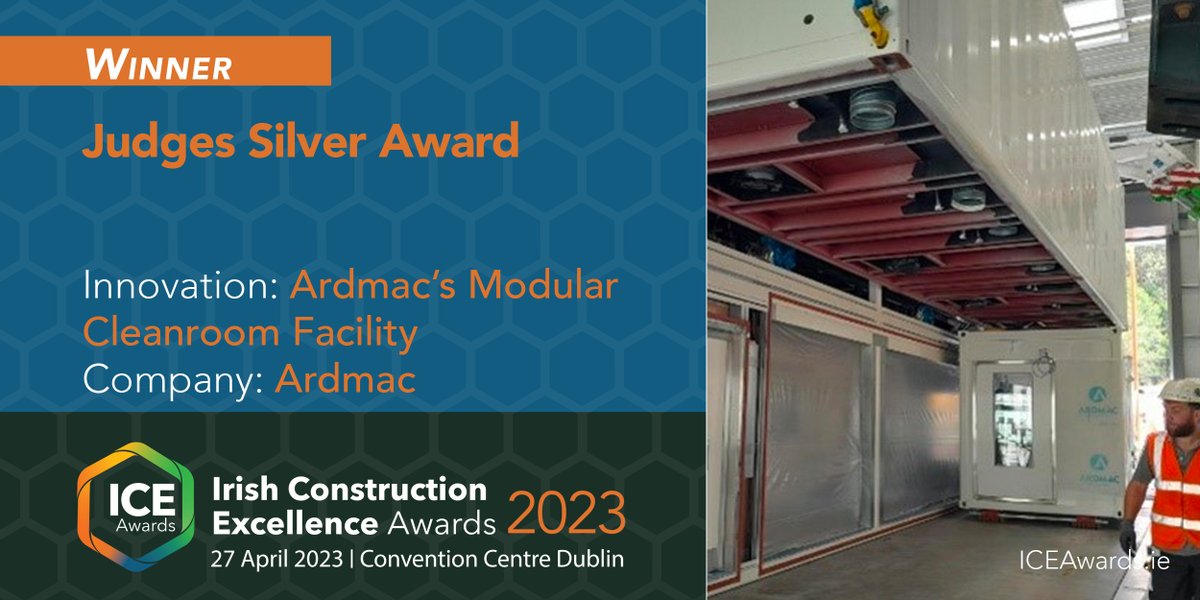 Congratulations to the ICE Awards 2023 Judges Silver Award Winner

Innovation: Innovation in Construction- Ardmac’s Modular Cleanroom Facility
Company: @ArdmacLtd

Visit ICEAwards.ie | Follow #ICEAwards