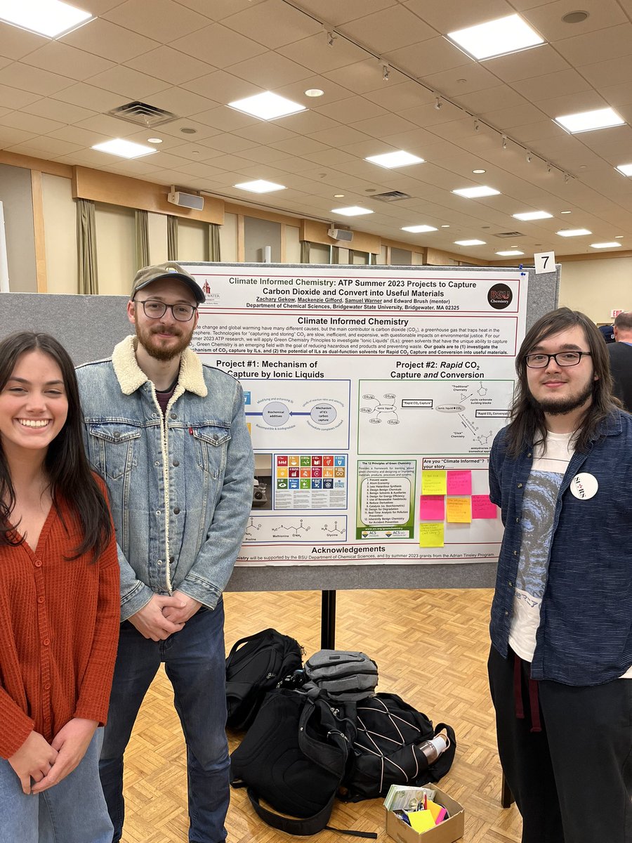 GreenChemEd's tweet image. StARS undergraduate research symposium @BridgeStateU . So proud of my summer ATP grant awardees, Mackenzie, Zack and Samuel previewing their “Climate Informed Chemistry” research. Note UN SDGs and Green Chemistry Principles on poster! @bsu_ur  @beyondbenign