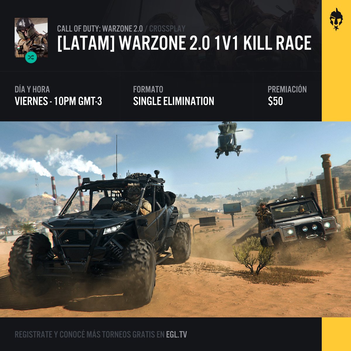 🔫 WARZONE ⬇️ 

Mañana viernes hay Kill Race de Warzone! 

Formato divertido y buen premio 😎 

egl.tv/tournament/7794 

Participación sin costo como siempre!