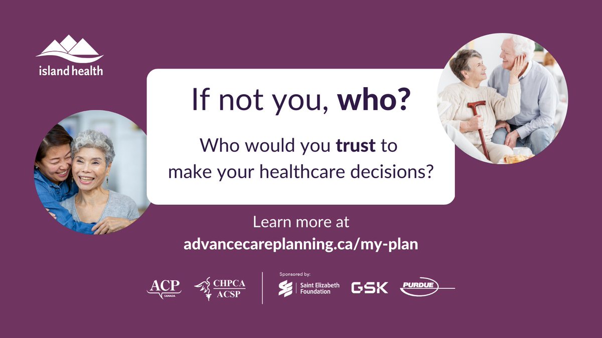 Who would you trust with your #healthcare decisions if you couldn't speak for yourself?
The best time to think about this is now.

@AdvanceCarePlan has valuable guides to help you along the way: advancecareplanning.ca/my-plan

#IslandHealth #MyIslandHealth #ACPinCanada #IfNotYouWho