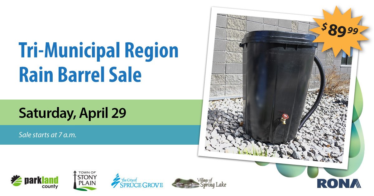 Get ready for summer with a rain barrel! Purchase them for $89.99 at the #TriMuniRgn #RainBarrelSale on Saturday, April 29! Sale starts at 7:00 a.m. at RONA Home Centre in #SpruceGrove (2/person, while quantities last) #StonyPlain #ParklandCounty #VillageofSpringLake