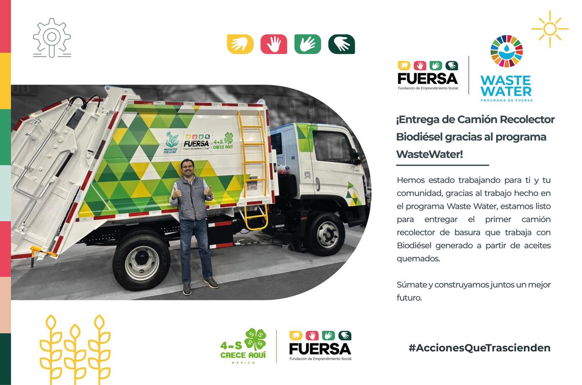 🥳 ¡Realizamos entrega de camión recolector de basura Biodiésel gracias al programa 𝗪𝗮𝘀𝘁𝗲𝗪𝗮𝘁𝗲𝗿!

Escríbenos y súmate al programa WasteWater
▶ info@fuersamx.org

#AccionesqueTrascienden #FUERSAMX #Wastewater #ODS #Agenda2030 #AccionesSustentables