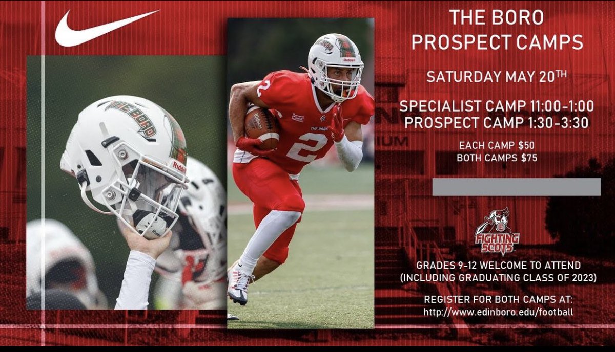 ⚔️T-Minus 23 Days until…🛡️

🚨THE BORO PROSPECT CAMP🚨

9-12th graders Come showcase and develop your skills in front of an awesome staff on Saturday May 20th! 

Use the link below to register!⬇️⬇️⬇️

edinboro.edu/football

#TheBoro #GoBoro