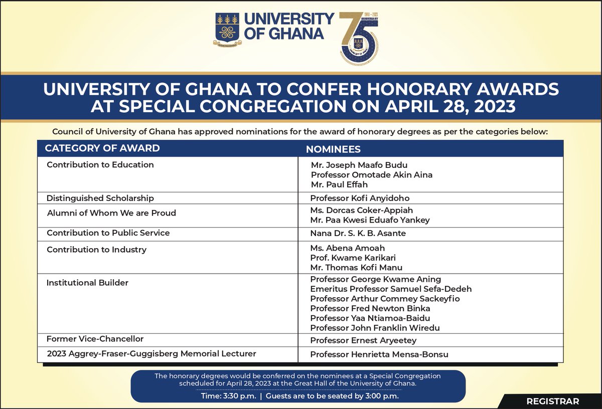 UnivofGh's tweet photo. The University of Ghana will hold a Special Congregation to confer honorary awards on 18 distinguished personalities on Friday, 28th April, 2023.

#UGIS75 
#IntegriProcedamus https://t.co/e7GfOqTWZL