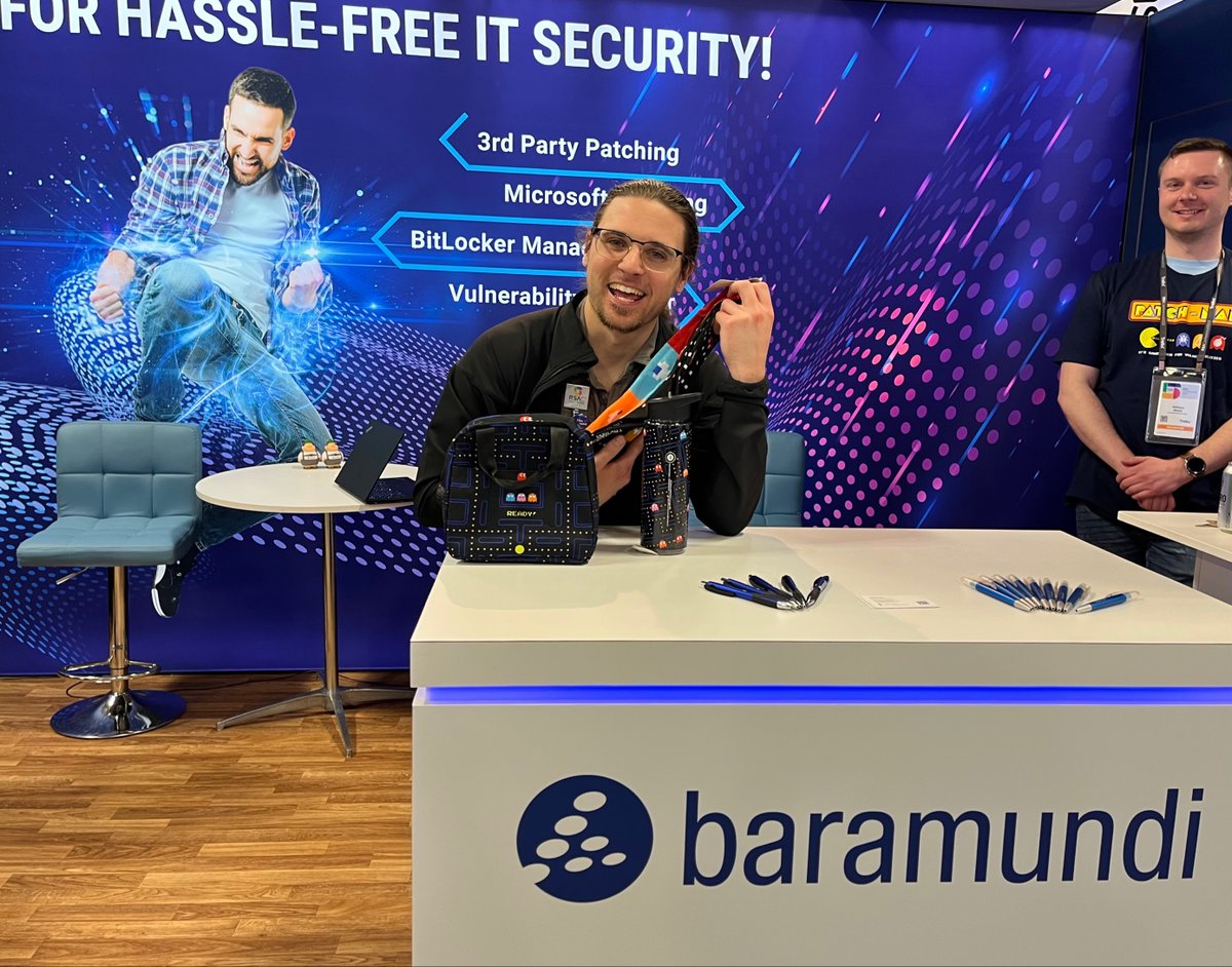 baramundiWORLD's tweet photo. Congrats to Doug Shuman of UKG, Wednesday's #RSAC2023 #PatchMan champion who took home some great #baramundi goodies w/ the high score on PacMan!  Thanks to everyone playing or stopping by to learn how our #UEM #automation solutions help improve #ITsecurity. https://t.co/QEYKOsa82u