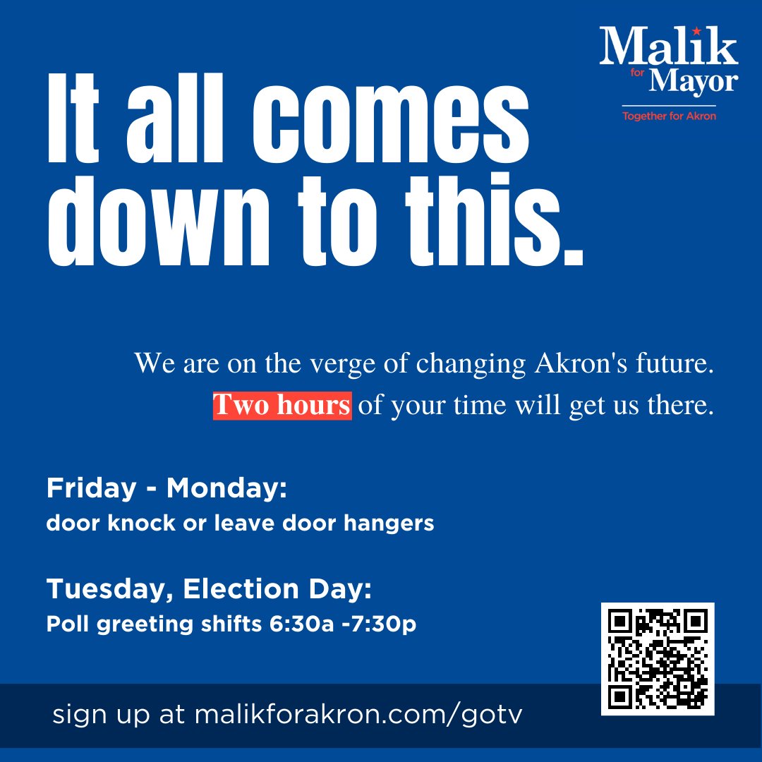 shammasmalik's tweet photo. Join us for our final canvass this weekend to get out the vote! Sign up below, or just come by our office any time on Saturday or Sunday. We'll have food, and our team will be there all day.
Sign up here >> https://t.co/wf2dDaRgRv
#MalikForMayor #TogetherForAkron #GOTV #vote https://t.co/5lCnG7Yi2G