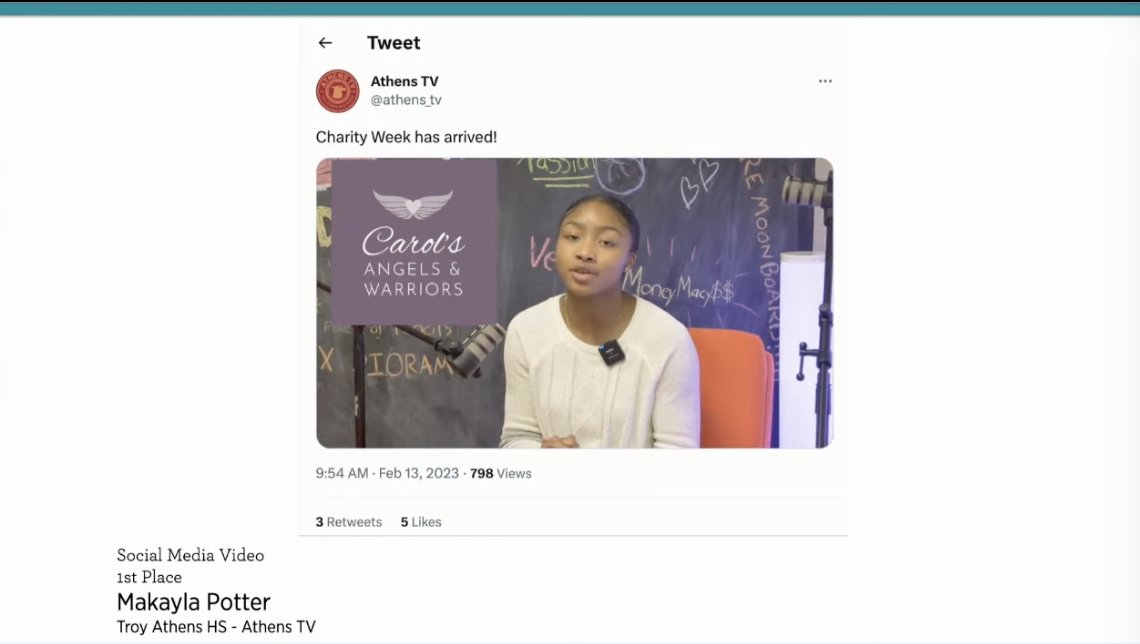 athens_tv's tweet photo. Our first time entering the MIPA Digital Media competition yielded 4 big wins! Congrats to Makayla Potter, Macy Van Tiem, Ella Musto, and James Pitchford! https://t.co/r0YBNBsGTg