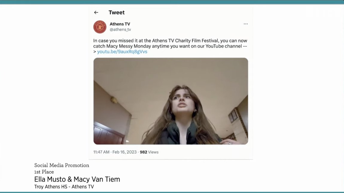 athens_tv's tweet photo. Our first time entering the MIPA Digital Media competition yielded 4 big wins! Congrats to Makayla Potter, Macy Van Tiem, Ella Musto, and James Pitchford! https://t.co/r0YBNBsGTg