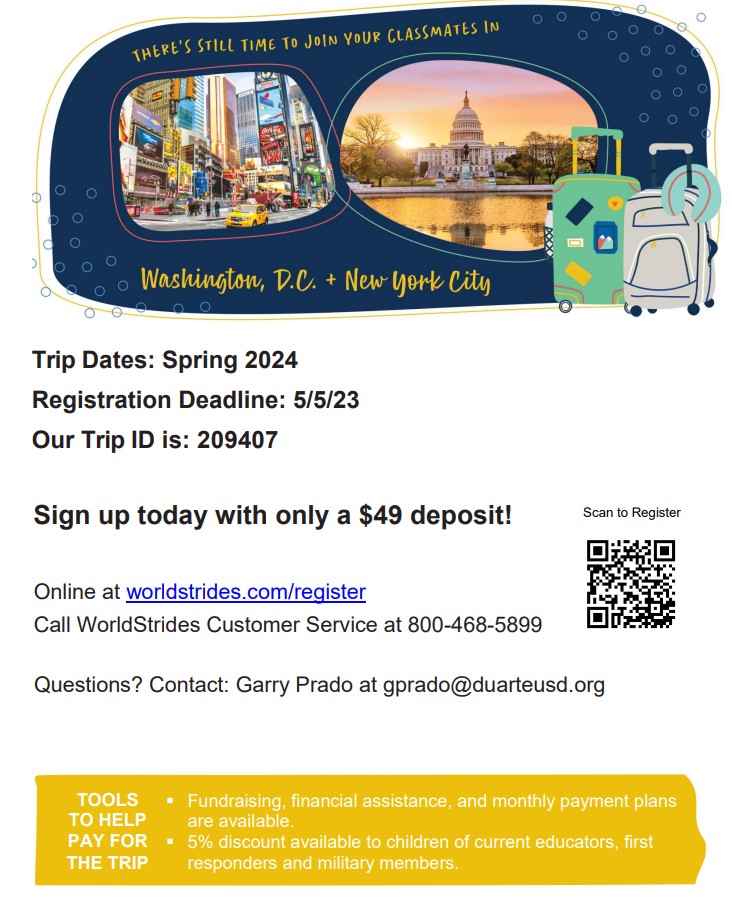 Maxwell_IB's tweet photo. 6th - 10th grade Families have until May 5th to lock in the price for the Washington DC and New York City Trip in the Spring of 2024.
 ✈ ✈ ✈ ✈ ✈ ✈
If you have any questions you can contact:
(Garry Prado at gprado@duarteusd.org) https://t.co/ctwxkwMQ1X