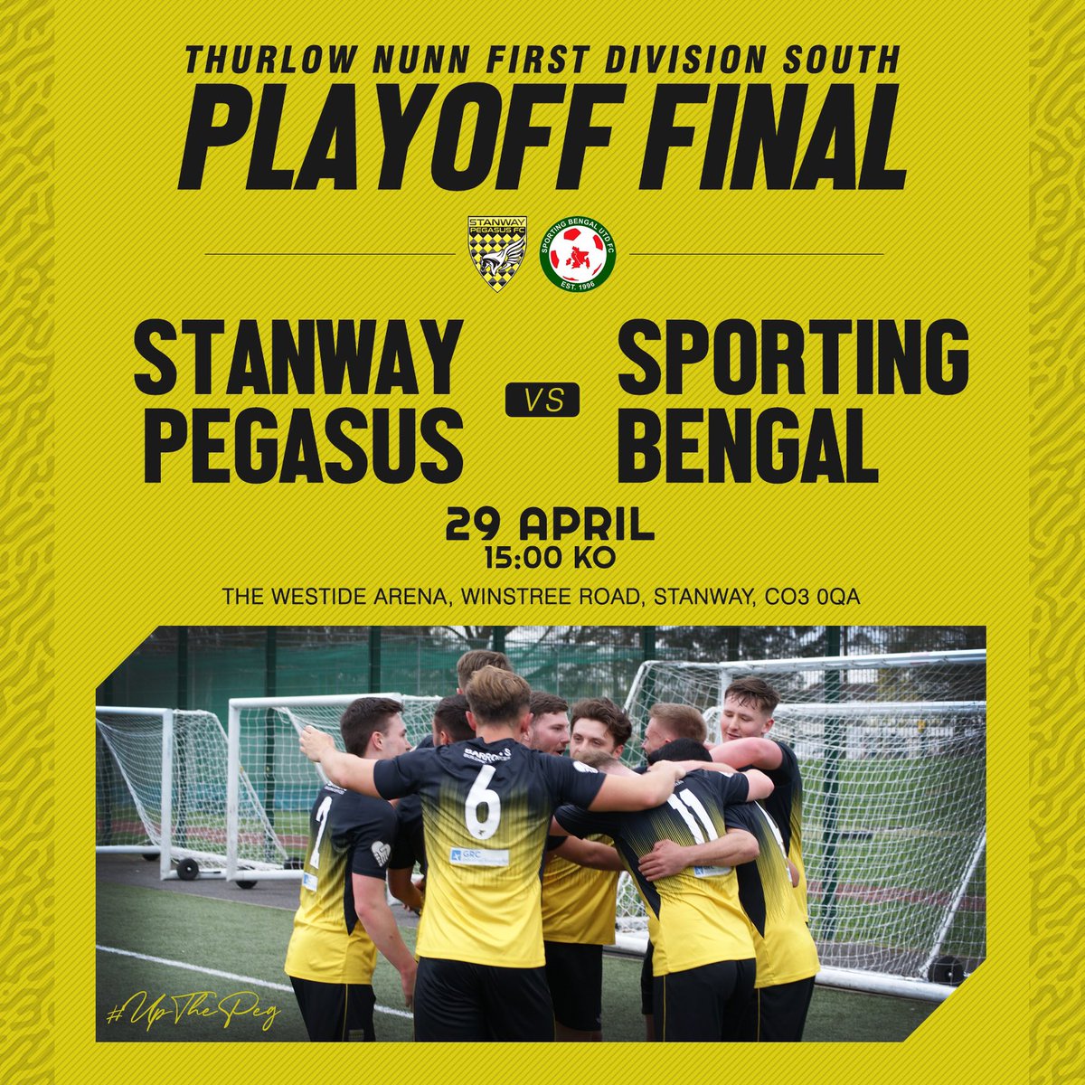 Clear you diaries for this Saturday… it’s the <a href="/ThurlowNunnL/">TNL</a> First Division South Playoff Final! 

We host <a href="/SportingBengal/">Sporting Bengal Utd FC</a> in a winner takes all game with the prize being promotion to Step 5.

Come and show your support for the Pegs!
🎟️ Adults £5 | Concessions £3

#UTSP 🟡⚫️