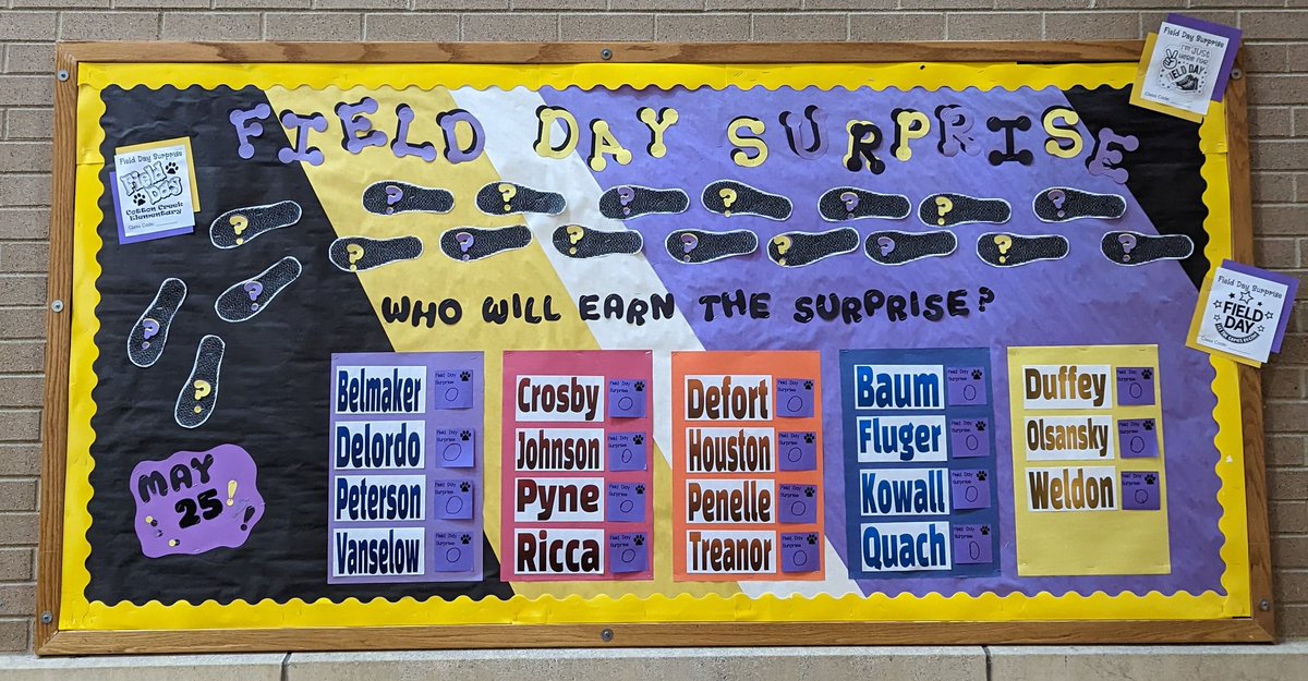 Just finished our Field Day Surprise bulletin board.  Whole classes will earn special Bulldog Tickets for demonstrating responsible, respectful, and safe behavior. One class from each grade level will earn a special Field Day surprise.