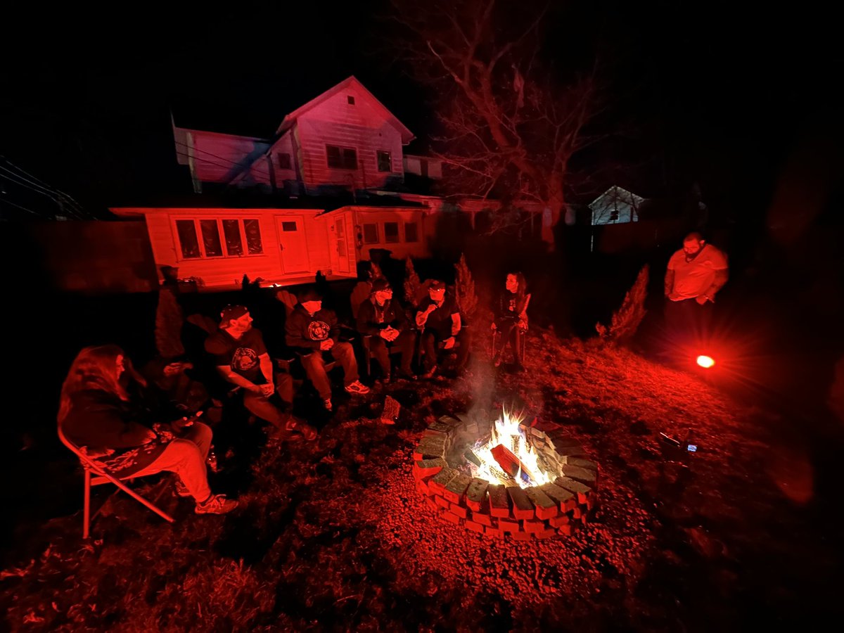MattBenton's tweet photo. Telling our ghost stories of the Monroe house in front of a fire. 🔥 #EvilUnearthed #BTS #MonroeHouse https://t.co/tN6M4RPb2L