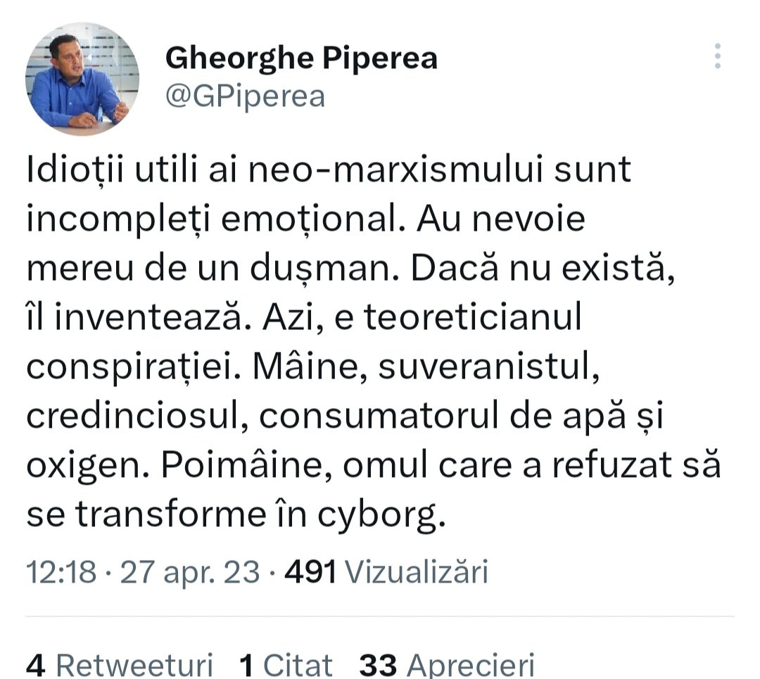 Cineva întreba de ce a ajuns domnu' Piperea ciuca bătailor.
Pentru că este într-un hoax mental și crede că Bil Geiț îi bagă cipuri în cap cu vaccinul, se vede un trumpuleț care visează la o Româine a Tunelului din Bucegi și crede că Șoșoaca e Delia Matache.