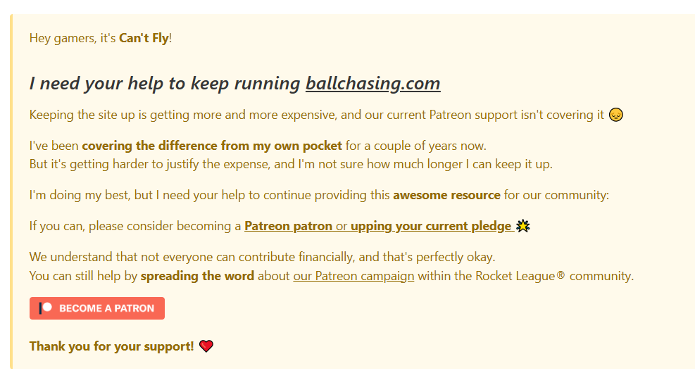 Want to support an amazing project that's been helping the Rocket League scene store replays and advanced game statistics? Consider donating to the @BallchasingRL patreon! Patreon link here: patreon.com/ballchasing