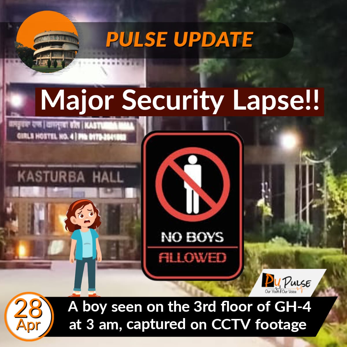 pu_pulse's tweet image. A boy seen on the 3rd floor at 3 am at the Girls Hostel, The warden took immediate action after the incident and two guards #suspended.
#securitylapse #pu #girlshostel #Chandigarh #pulseupdate