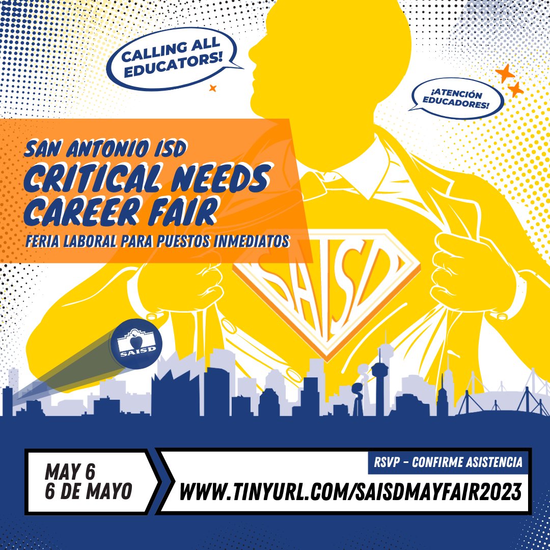 📣📣📣 Don’t forget to join our team of superheroes at our Critical Needs Career Fair on May 6!
Register/Inscribirse: ➡️ tinyurl.com/SAISDMayFair20…
📣📣📣 ¡No olvide acompañar a nuestro equipo de superhéroes en nuestra Feria Laboral para Puestos Inmediatos el 6 de mayo!
#JoinSAISD