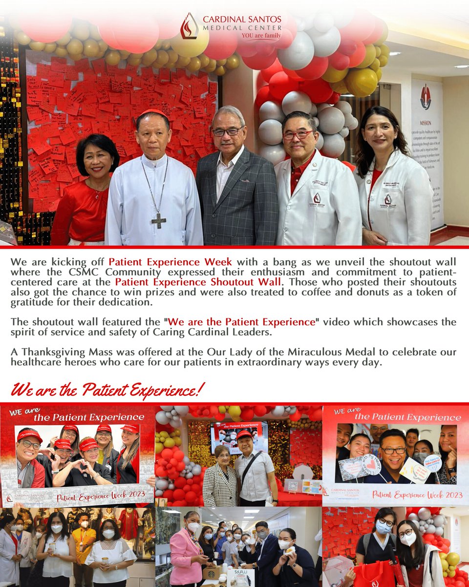 CardinalSantos's tweet photo. Compassion in action! 

We're grateful for our patients and healthcare providers who make a difference every day. From the shoutout wall to the Thanksgiving mass, and everything in between, we're proud to celebrate #PatientExperience Week here in Cardinal Santos Medical Center. https://t.co/GohNnjRuzJ