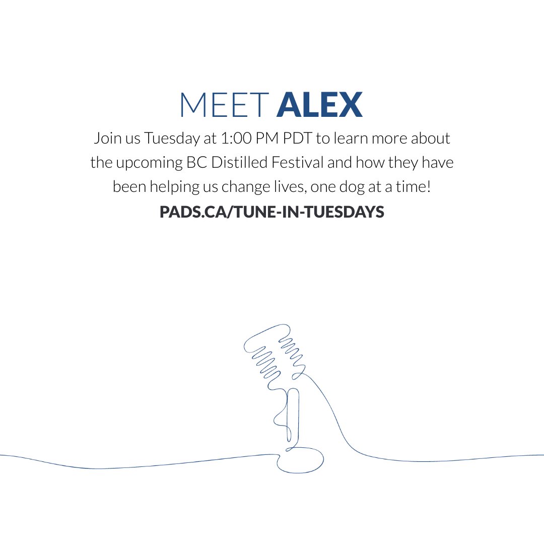 PADSdogs's tweet image. Join us Tuesday, May 2nd for #TuneInTuesday at 1:00 PM PDT when we chat with Alex - the man behind the BC Distilled Event! Learn about how the BC Distilled supports PADS with a raffle for some of the incredible BC-made spirits. #BCDistilled #PADSDogs #PADSPuppies
