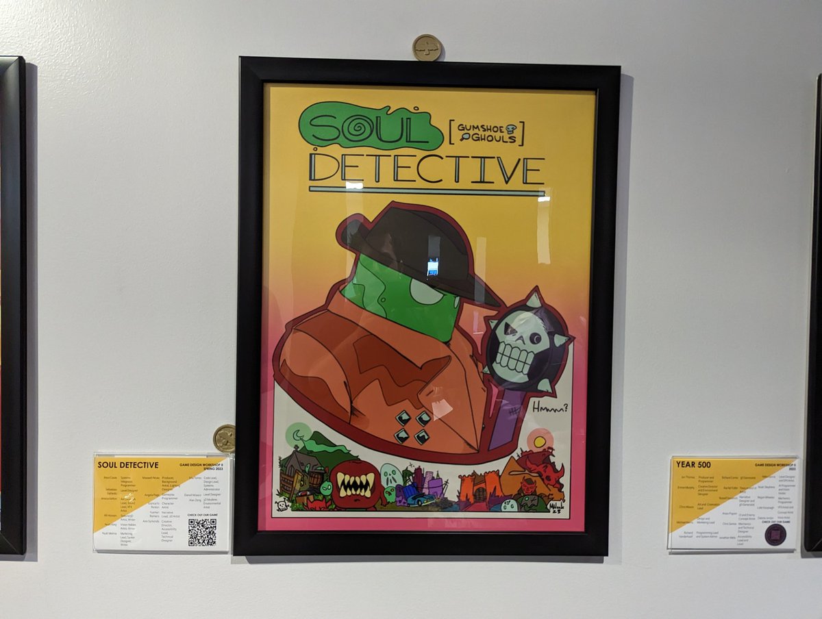 MaxwellNealeDev's tweet photo. Wrapping up tonights Game Showcase with our game #SoulDetective @GumshoeGhouls on the wall at @UCFDowntown, Soul Detective's final release coming May 2nd on itch &amp; a Steam release coming soon! https://t.co/QiJ0t1Gfnh