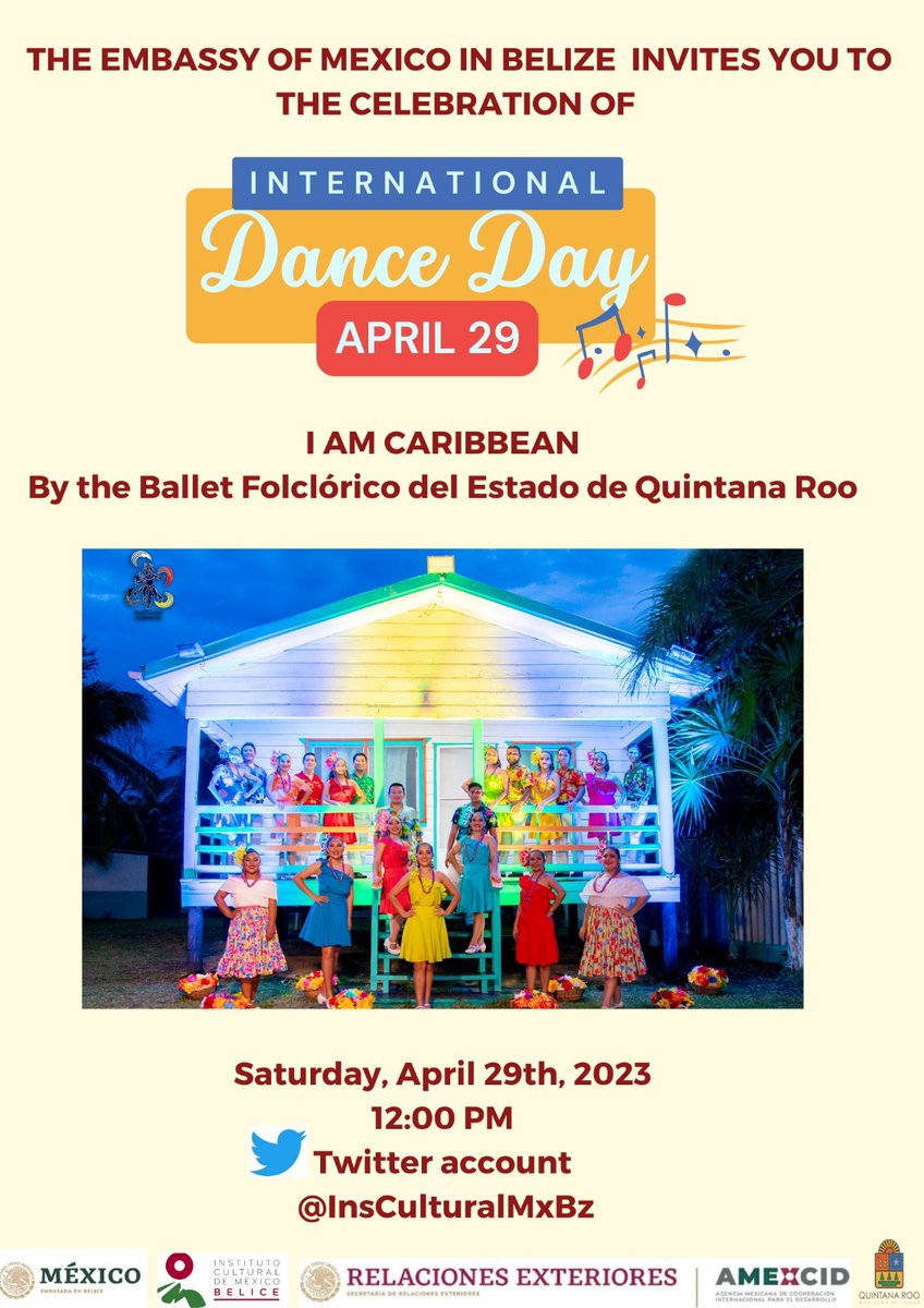 La <a href="/EmbaMexBee/">Embassy Mexico in Belize</a> y el Instituto Cultural de México en Belice invitan a celebrar el #DíaDeLaDanza👯‍♂️, con el programa 𝐒𝐨𝐲 𝐂𝐚𝐫𝐢𝐛𝐞🕺🏾del Ballet Folclórico de Quintana Roo💃🏽, de @cultura_qroo
🗓sábado 29 de abril
🕛 12:00 pm
📌Síguelo por <a href="/InsCulturalMxBz/">Instituto Cultural de México en Belice</a>
🇲🇽#MéxicoyBelice 🇧🇿