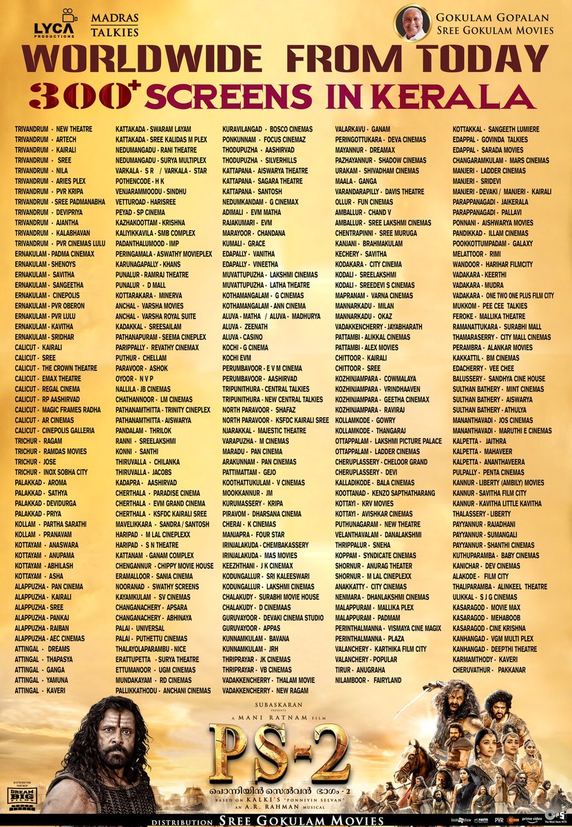 U4Cinema's tweet photo. Cholas are coming back to rule... Massive #PonniyinSelvan2 / #PS2 #Kerala theatre list 🔥👏
300+ screens..
All the best @GokulamGopalan , @GokulamMovies & @jsujithnair 👏
#PS2FromTomorrow #PS2FDFS https://t.co/reAiCKBD7E