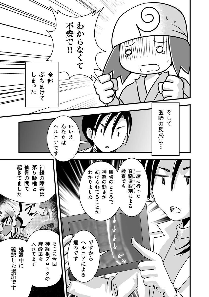 コミケがきっかけで腰が死んだ話。第15話
(腰痛トラブル漫画）

注射の中で一番痛いとされる神経根ブロック注射を打つことになった話-4/5
#漫画が読めるハッシュタグ #エッセイ漫画 https://t.co/liKOjiTYGH