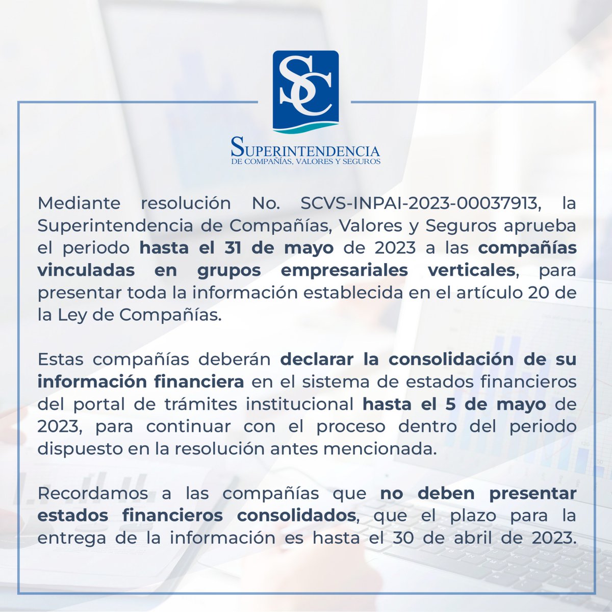 #ATENCIÓN 📢 Las compañías compañías vinculadas en grupos empresariales verticales podrán presentar la información establecida en el artículo 20 de la Ley de Compañías hasta el 31 de mayo de 2023. Conoce los detalles de la resolución 👉 tinyurl.com/yjmxkyer