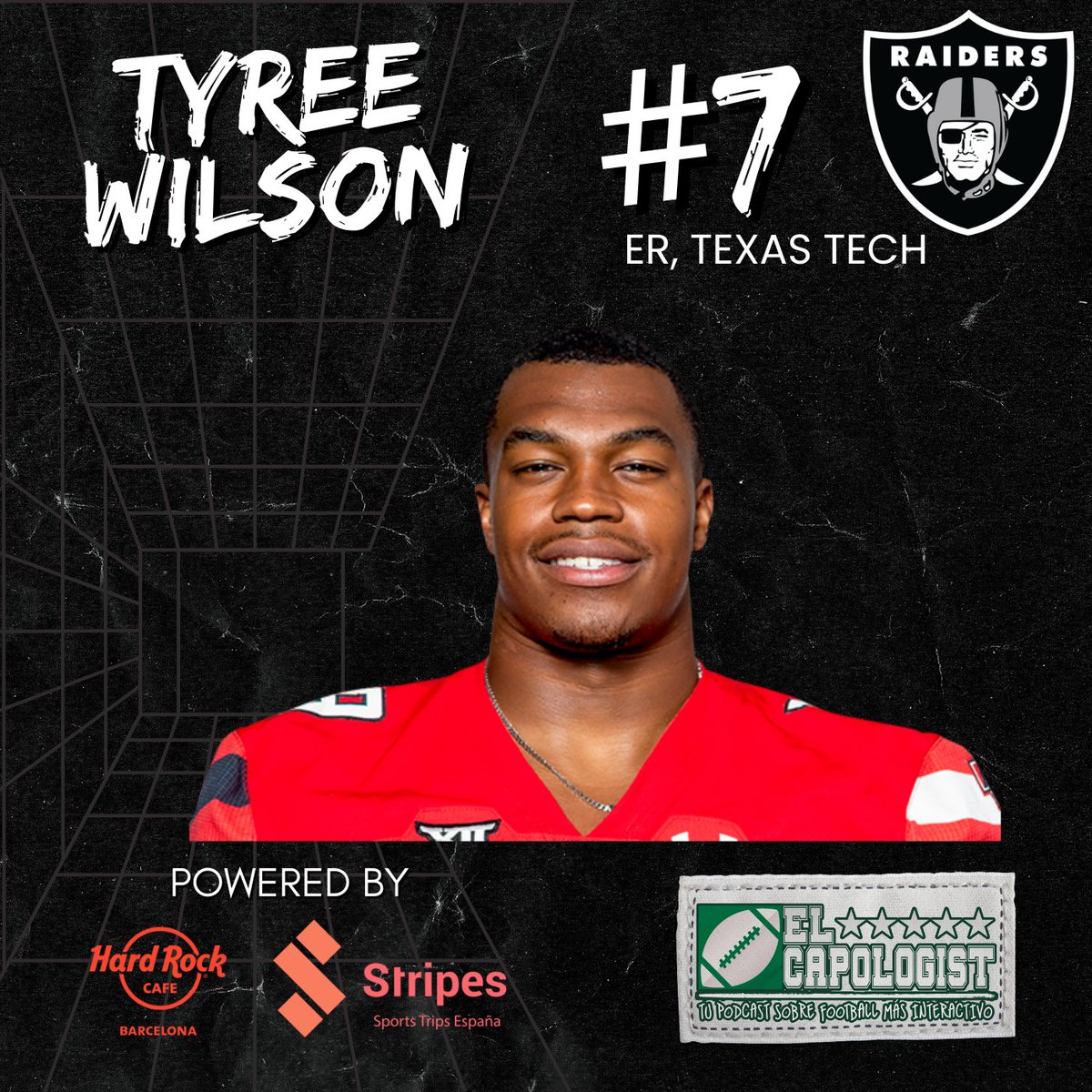 ElCapologist's tweet photo. ¡El segundo mejor pass rusher se va a Las Vegas!

⚫️Con el pick #7 del DRAFT 2023, Las Vegas Raiders eligen a:

𝗧𝗬𝗥𝗘𝗘 𝗪𝗜𝗟𝗦𝗢𝗡
𝗘𝗥, 𝗧𝗘𝗫𝗔𝗦 𝗧𝗘𝗖𝗛

#RaiderNation
#NFLDraftESP
#NFLDraft2023 https://t.co/UYMkoMwa5r