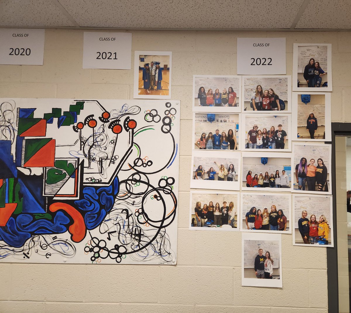 mrjohnsmath's tweet photo. Got the Math/Science Center ready for Decision Day tomorrow showing off some of the past few years seniors.  Excited for the seniors to show off where they will be continuing their academic studies. Go LZ Bears! Show the world what you know. #LZBears #DecisionDay @LZHSBEARS https://t.co/L2wYnBVYl1