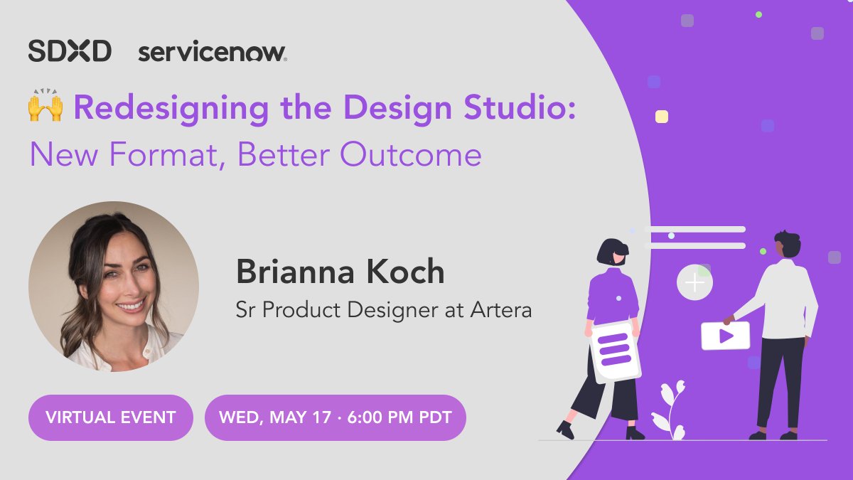 We're thrilled to announce our May 17th event: Redesigning the Design Studio: New Format, Better Outcome featuring Brianna Koch, Sr. Product Designer at Artera. 

You won't want to miss it! Please RSVP today to save your seat: meetup.com/s-d-x-d/events…

#ux #uxdesign #virtualevents
