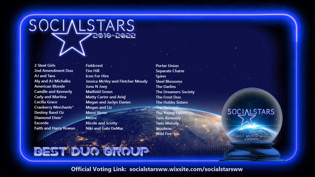 Only a few days left to Vote for Duo Group in #SocialStars 7th Annual #BestOfTheBest Awards! Thank you if you already voted! If you haven't get your one time vote in! Voting ends April 30th Official Voting Link below! Please #RT #GoForTheGlobe
socialstarsww.wixsite.com/socialstarsww
